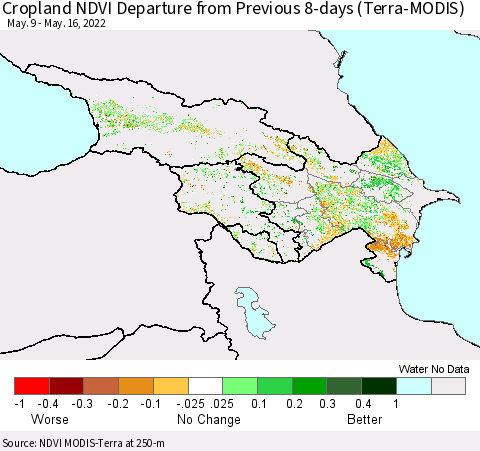 Azerbaijan, Armenia and Georgia Cropland NDVI Departure from Previous 8-days (Terra-MODIS) Thematic Map For 5/9/2022 - 5/16/2022