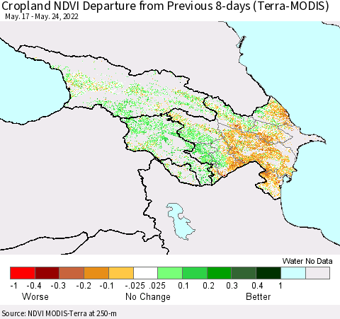 Azerbaijan, Armenia and Georgia Cropland NDVI Departure from Previous 8-days (Terra-MODIS) Thematic Map For 5/17/2022 - 5/24/2022