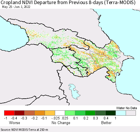 Azerbaijan, Armenia and Georgia Cropland NDVI Departure from Previous 8-days (Terra-MODIS) Thematic Map For 5/25/2022 - 6/1/2022