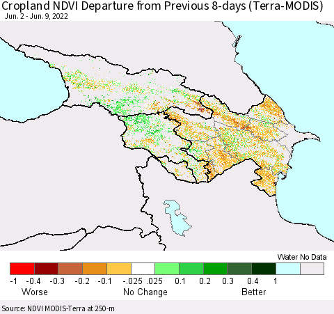 Azerbaijan, Armenia and Georgia Cropland NDVI Departure from Previous 8-days (Terra-MODIS) Thematic Map For 6/2/2022 - 6/9/2022