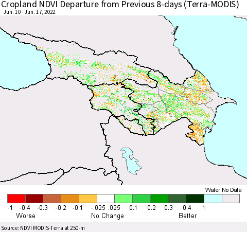 Azerbaijan, Armenia and Georgia Cropland NDVI Departure from Previous 8-days (Terra-MODIS) Thematic Map For 6/10/2022 - 6/17/2022