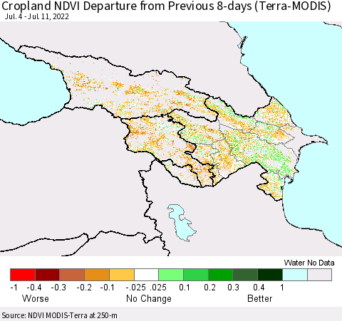 Azerbaijan, Armenia and Georgia Cropland NDVI Departure from Previous 8-days (Terra-MODIS) Thematic Map For 7/4/2022 - 7/11/2022