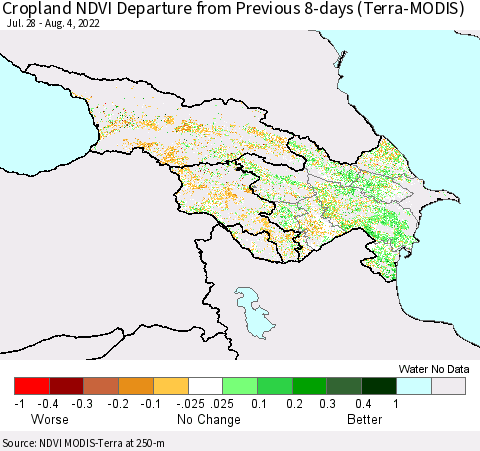 Azerbaijan, Armenia and Georgia Cropland NDVI Departure from Previous 8-days (Terra-MODIS) Thematic Map For 7/28/2022 - 8/4/2022