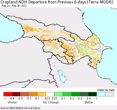Azerbaijan, Armenia and Georgia Cropland NDVI Departure from Previous 8-days (Terra-MODIS) Thematic Map For 8/21/2022 - 8/28/2022