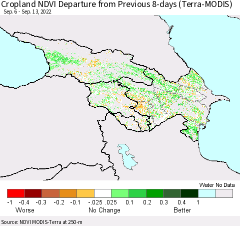 Azerbaijan, Armenia and Georgia Cropland NDVI Departure from Previous 8-days (Terra-MODIS) Thematic Map For 9/6/2022 - 9/13/2022