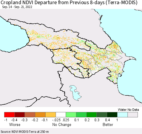 Azerbaijan, Armenia and Georgia Cropland NDVI Departure from Previous 8-days (Terra-MODIS) Thematic Map For 9/14/2022 - 9/21/2022