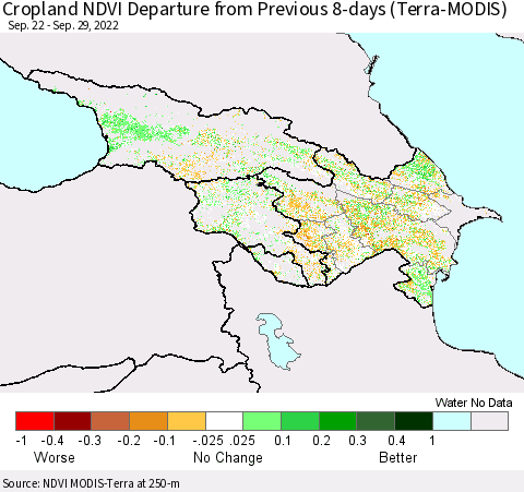 Azerbaijan, Armenia and Georgia Cropland NDVI Departure from Previous 8-days (Terra-MODIS) Thematic Map For 9/22/2022 - 9/29/2022