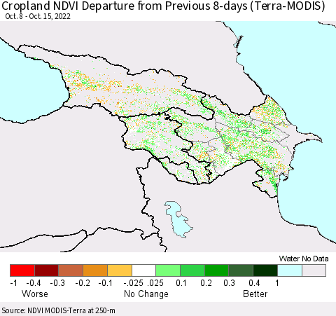 Azerbaijan, Armenia and Georgia Cropland NDVI Departure from Previous 8-days (Terra-MODIS) Thematic Map For 10/8/2022 - 10/15/2022