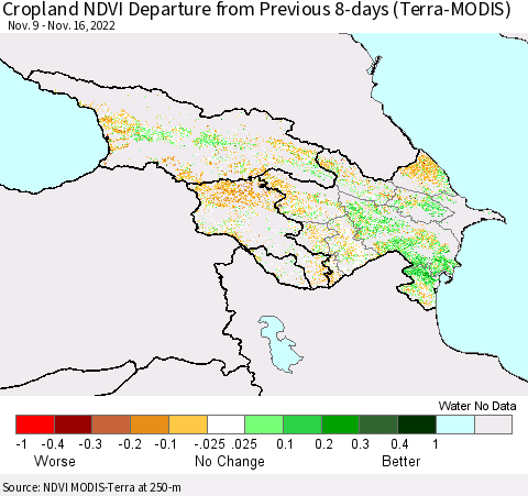Azerbaijan, Armenia and Georgia Cropland NDVI Departure from Previous 8-days (Terra-MODIS) Thematic Map For 11/9/2022 - 11/16/2022