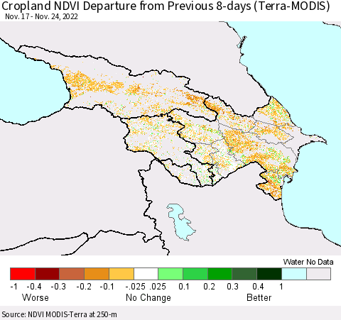 Azerbaijan, Armenia and Georgia Cropland NDVI Departure from Previous 8-days (Terra-MODIS) Thematic Map For 11/17/2022 - 11/24/2022