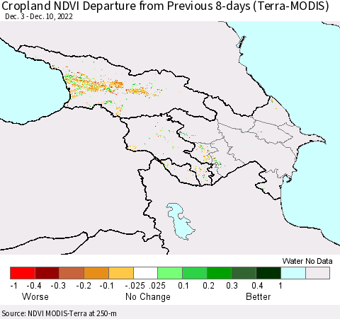 Azerbaijan, Armenia and Georgia Cropland NDVI Departure from Previous 8-days (Terra-MODIS) Thematic Map For 12/3/2022 - 12/10/2022