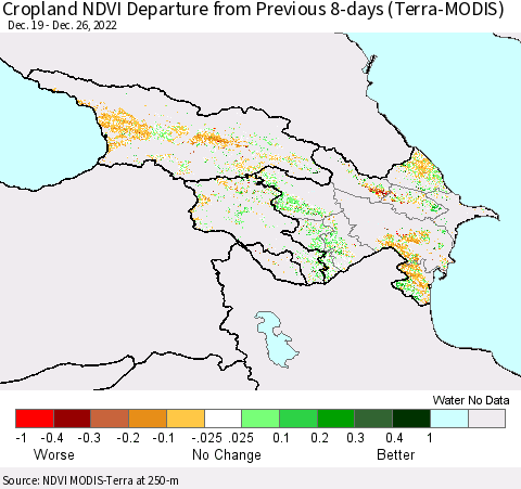 Azerbaijan, Armenia and Georgia Cropland NDVI Departure from Previous 8-days (Terra-MODIS) Thematic Map For 12/19/2022 - 12/26/2022