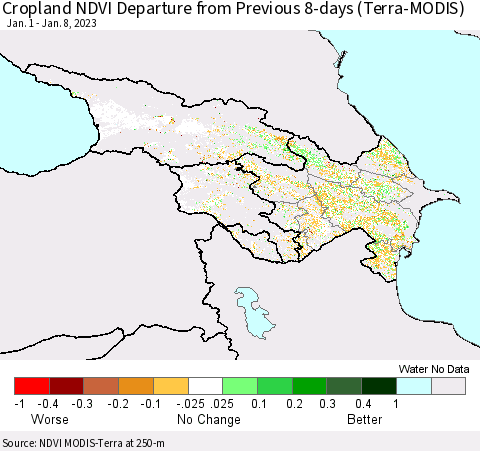 Azerbaijan, Armenia and Georgia Cropland NDVI Departure from Previous 8-days (Terra-MODIS) Thematic Map For 1/1/2023 - 1/8/2023