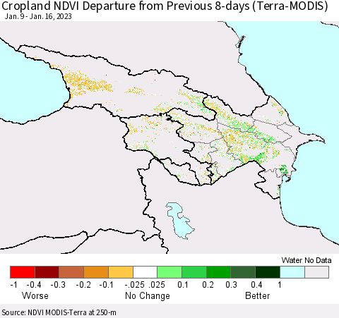 Azerbaijan, Armenia and Georgia Cropland NDVI Departure from Previous 8-days (Terra-MODIS) Thematic Map For 1/9/2023 - 1/16/2023