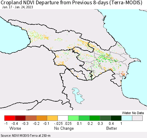 Azerbaijan, Armenia and Georgia Cropland NDVI Departure from Previous 8-days (Terra-MODIS) Thematic Map For 1/17/2023 - 1/24/2023