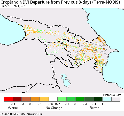 Azerbaijan, Armenia and Georgia Cropland NDVI Departure from Previous 8-days (Terra-MODIS) Thematic Map For 1/25/2023 - 2/1/2023