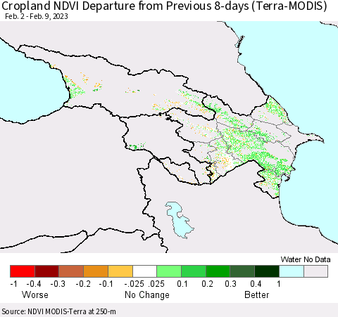 Azerbaijan, Armenia and Georgia Cropland NDVI Departure from Previous 8-days (Terra-MODIS) Thematic Map For 2/2/2023 - 2/9/2023