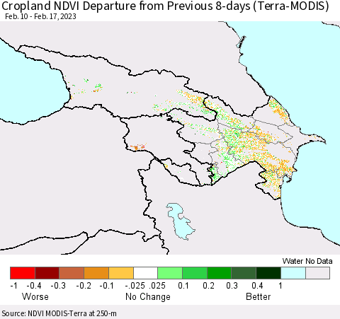 Azerbaijan, Armenia and Georgia Cropland NDVI Departure from Previous 8-days (Terra-MODIS) Thematic Map For 2/10/2023 - 2/17/2023