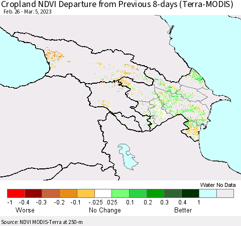 Azerbaijan, Armenia and Georgia Cropland NDVI Departure from Previous 8-days (Terra-MODIS) Thematic Map For 2/26/2023 - 3/5/2023