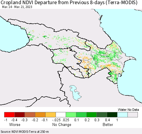 Azerbaijan, Armenia and Georgia Cropland NDVI Departure from Previous 8-days (Terra-MODIS) Thematic Map For 3/14/2023 - 3/21/2023