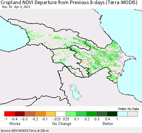 Azerbaijan, Armenia and Georgia Cropland NDVI Departure from Previous 8-days (Terra-MODIS) Thematic Map For 3/30/2023 - 4/6/2023