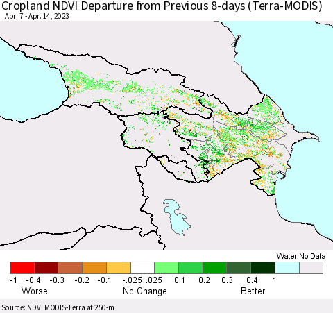 Azerbaijan, Armenia and Georgia Cropland NDVI Departure from Previous 8-days (Terra-MODIS) Thematic Map For 4/7/2023 - 4/14/2023