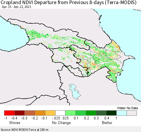 Azerbaijan, Armenia and Georgia Cropland NDVI Departure from Previous 8-days (Terra-MODIS) Thematic Map For 4/15/2023 - 4/22/2023