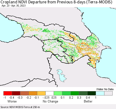 Azerbaijan, Armenia and Georgia Cropland NDVI Departure from Previous 8-days (Terra-MODIS) Thematic Map For 4/23/2023 - 4/30/2023