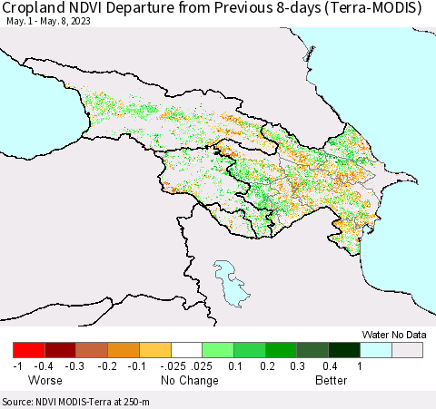 Azerbaijan, Armenia and Georgia Cropland NDVI Departure from Previous 8-days (Terra-MODIS) Thematic Map For 5/1/2023 - 5/8/2023