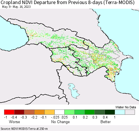 Azerbaijan, Armenia and Georgia Cropland NDVI Departure from Previous 8-days (Terra-MODIS) Thematic Map For 5/9/2023 - 5/16/2023