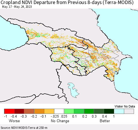 Azerbaijan, Armenia and Georgia Cropland NDVI Departure from Previous 8-days (Terra-MODIS) Thematic Map For 5/17/2023 - 5/24/2023