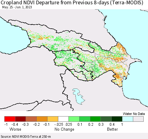 Azerbaijan, Armenia and Georgia Cropland NDVI Departure from Previous 8-days (Terra-MODIS) Thematic Map For 5/25/2023 - 6/1/2023