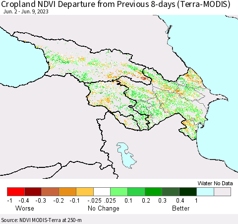 Azerbaijan, Armenia and Georgia Cropland NDVI Departure from Previous 8-days (Terra-MODIS) Thematic Map For 6/2/2023 - 6/9/2023