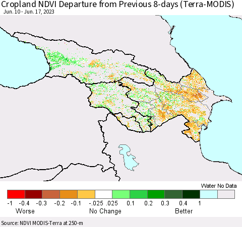 Azerbaijan, Armenia and Georgia Cropland NDVI Departure from Previous 8-days (Terra-MODIS) Thematic Map For 6/10/2023 - 6/17/2023