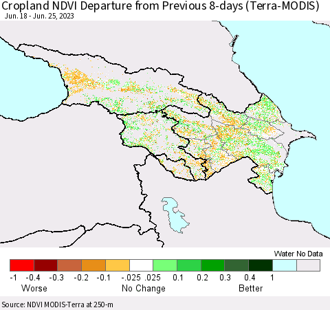 Azerbaijan, Armenia and Georgia Cropland NDVI Departure from Previous 8-days (Terra-MODIS) Thematic Map For 6/18/2023 - 6/25/2023