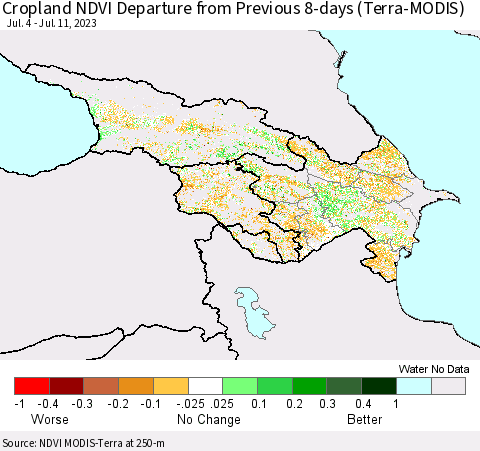 Azerbaijan, Armenia and Georgia Cropland NDVI Departure from Previous 8-days (Terra-MODIS) Thematic Map For 7/4/2023 - 7/11/2023
