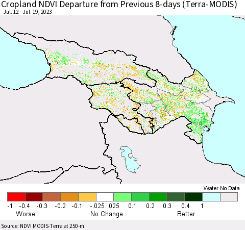 Azerbaijan, Armenia and Georgia Cropland NDVI Departure from Previous 8-days (Terra-MODIS) Thematic Map For 7/12/2023 - 7/19/2023