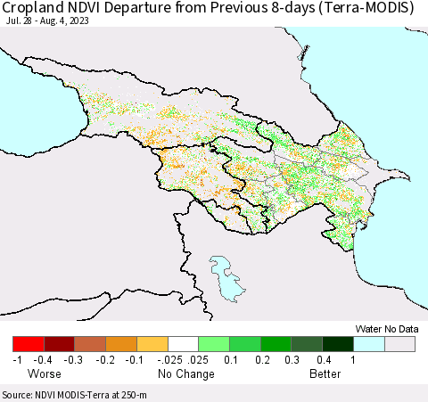 Azerbaijan, Armenia and Georgia Cropland NDVI Departure from Previous 8-days (Terra-MODIS) Thematic Map For 7/28/2023 - 8/4/2023