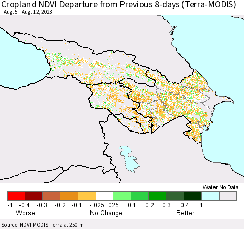 Azerbaijan, Armenia and Georgia Cropland NDVI Departure from Previous 8-days (Terra-MODIS) Thematic Map For 8/5/2023 - 8/12/2023