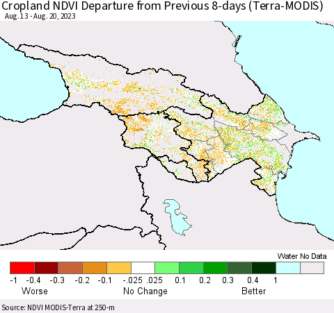 Azerbaijan, Armenia and Georgia Cropland NDVI Departure from Previous 8-days (Terra-MODIS) Thematic Map For 8/13/2023 - 8/20/2023