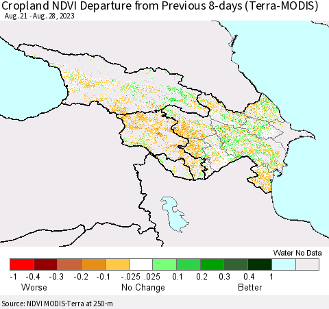 Azerbaijan, Armenia and Georgia Cropland NDVI Departure from Previous 8-days (Terra-MODIS) Thematic Map For 8/21/2023 - 8/28/2023