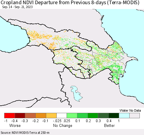 Azerbaijan, Armenia and Georgia Cropland NDVI Departure from Previous 8-days (Terra-MODIS) Thematic Map For 9/14/2023 - 9/21/2023