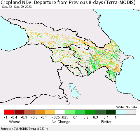Azerbaijan, Armenia and Georgia Cropland NDVI Departure from Previous 8-days (Terra-MODIS) Thematic Map For 9/22/2023 - 9/29/2023
