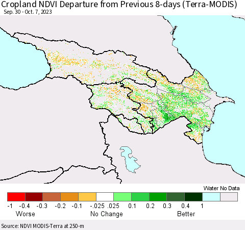 Azerbaijan, Armenia and Georgia Cropland NDVI Departure from Previous 8-days (Terra-MODIS) Thematic Map For 9/30/2023 - 10/7/2023