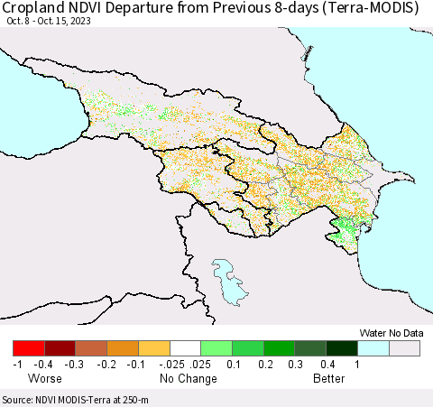 Azerbaijan, Armenia and Georgia Cropland NDVI Departure from Previous 8-days (Terra-MODIS) Thematic Map For 10/8/2023 - 10/15/2023