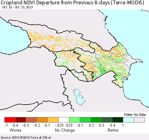 Azerbaijan, Armenia and Georgia Cropland NDVI Departure from Previous 8-days (Terra-MODIS) Thematic Map For 10/16/2023 - 10/23/2023