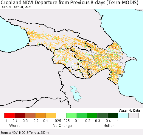 Azerbaijan, Armenia and Georgia Cropland NDVI Departure from Previous 8-days (Terra-MODIS) Thematic Map For 10/24/2023 - 10/31/2023