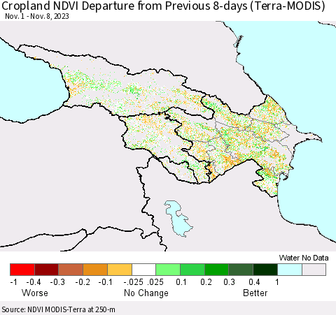 Azerbaijan, Armenia and Georgia Cropland NDVI Departure from Previous 8-days (Terra-MODIS) Thematic Map For 11/1/2023 - 11/8/2023