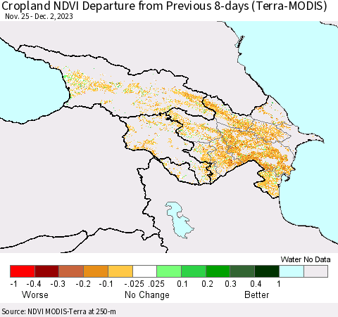 Azerbaijan, Armenia and Georgia Cropland NDVI Departure from Previous 8-days (Terra-MODIS) Thematic Map For 11/25/2023 - 12/2/2023