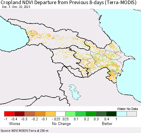 Azerbaijan, Armenia and Georgia Cropland NDVI Departure from Previous 8-days (Terra-MODIS) Thematic Map For 12/3/2023 - 12/10/2023